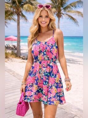 LLove Silk Blend Floral Sundress Size S Blue Pink Summer Beach Boho Dress